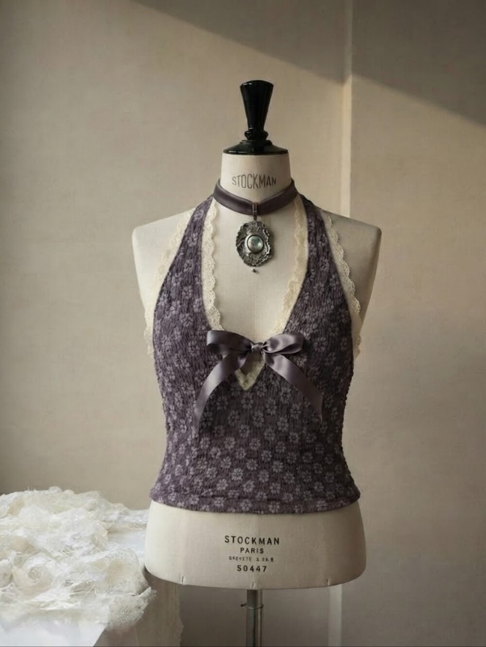 Lace-Trim Halter Knit Camisole in Dusty Purple